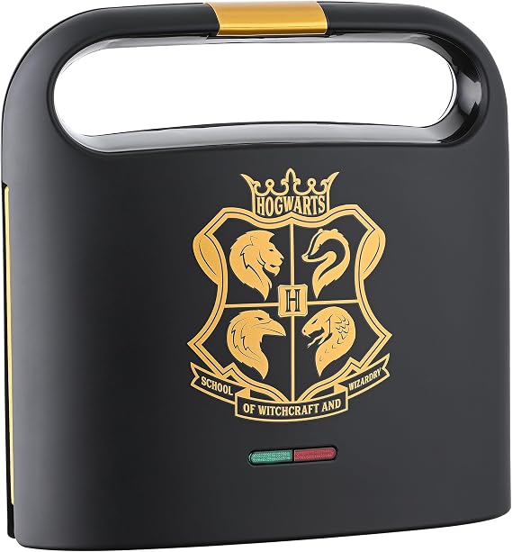 Warner Brothers Harry Potter Dual Sandwich Maker by Select Brands - Ceramic Coated Cooking Plates - Imprints Hogwarts Crest and Harry Potter Glasses on Toasted Sandwiches, Black and Gold, WBH-100SM | Ceramic-Coated Sandwich Maker That Imprints the Hogwarts Crest & Harry Potter Glasses on Toasted Sandwiches