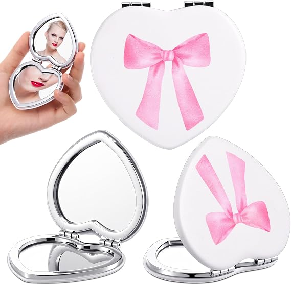 Karenhi 3 Pcs Ladies Compact Mirror, Pink Bow Heart Shape