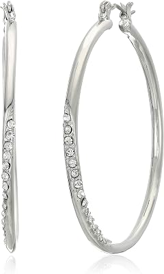GUESS Silvertone Crystal Glass Stone Front Hoop Earrings