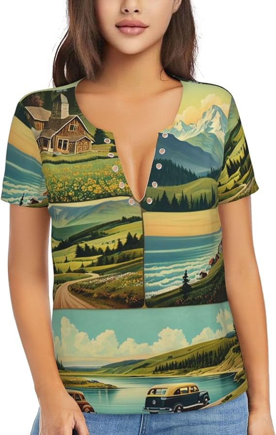 Women's V-Neck T-Shirt - Short Sleeve, Summer Vintage Vistas Print Sexy Low-Neck Blouses for Party or Daily