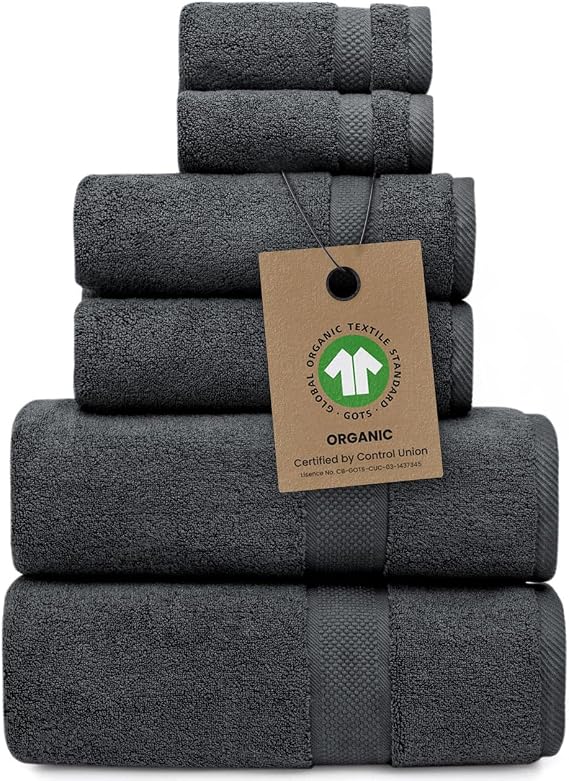 Alusa Home 100% Organic Zero-Twist Cotton Towels - GOTS Certified Luxury Bath Towels - Ultra Soft & Plush 700GSM Long-Staple Cotton - 6 Piece Towel Set (Granite Grey)