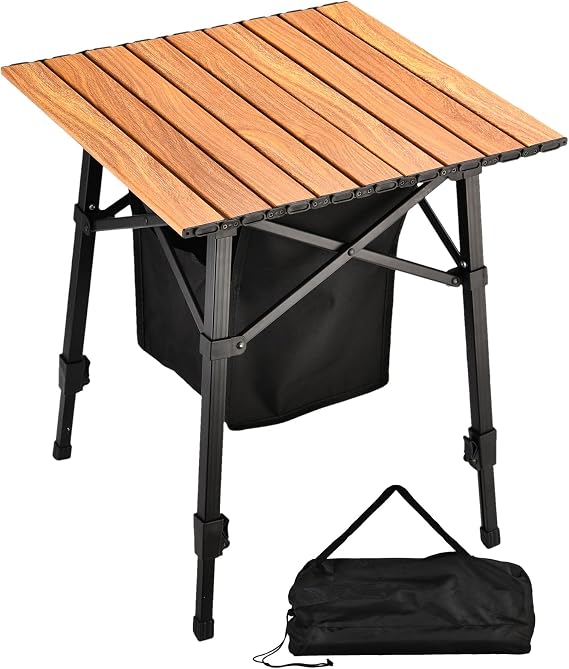 Aluminum Camping Side Table, Compact Folding Outdoor Portable Beach Small Camp Table with Carry Bag and Storage, Picnic, Hiking, Fishing, Grill(Wooden)