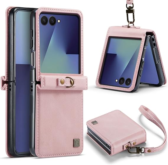EYZUTAK Leather Case for Samsung Galaxy Z Flip 7, Retro Matte Premium PU Case & Durable PC Inner Shell with Detachable Lanyard Wrist Strap Slim Protective Cover for Z Flip 7 for Men Women - Pink