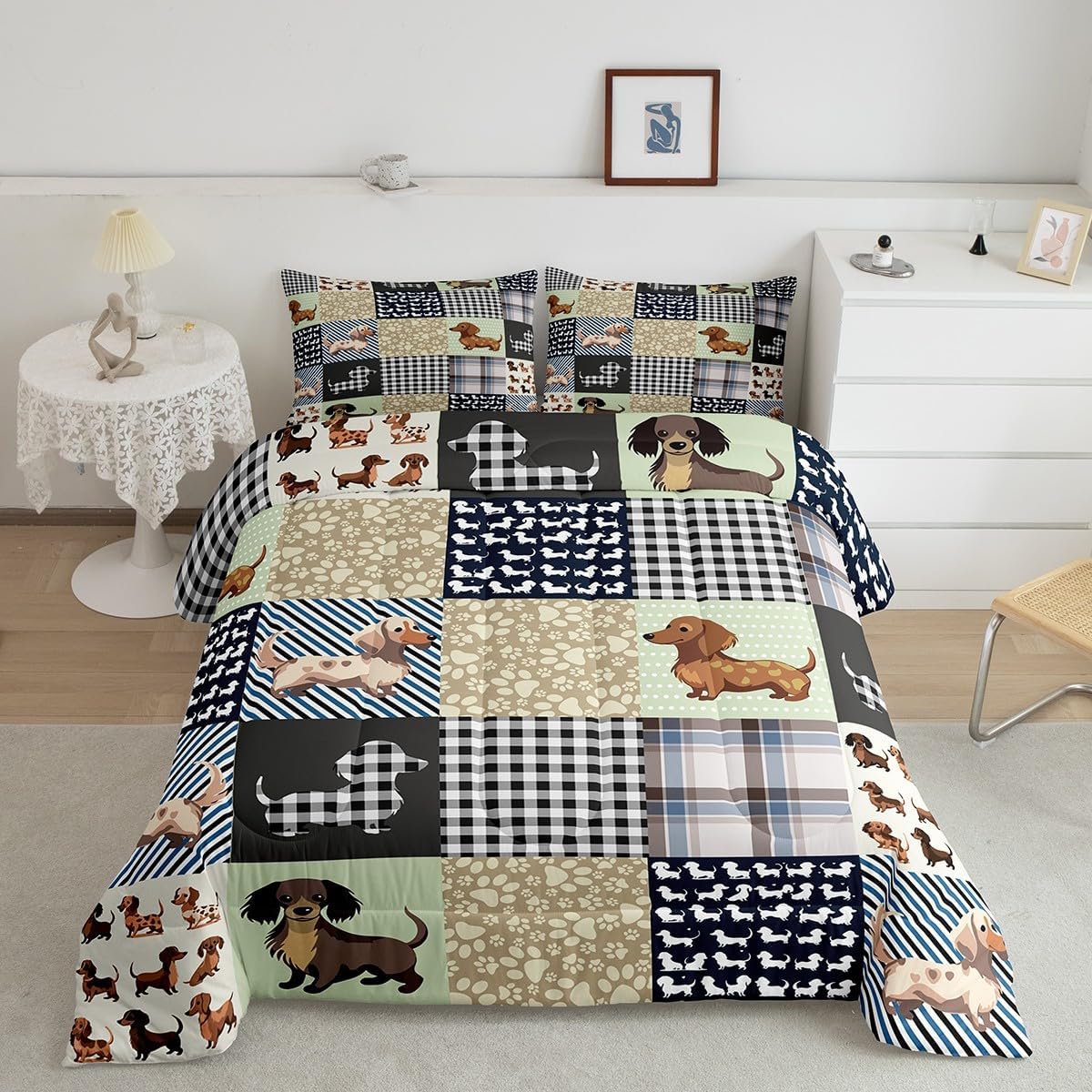 Feelyou Sausage Dog Bedding Set Toddler Size Dachshund Comforter Set for Kids Boys Girls Decor Puppy Dog Comforter Microfiber Cute Duvet Set Bedroom Quilt Set