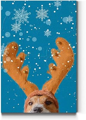 WEXFORD HOME Dog with Reindeer Antlers Blue Wall Art, Festive Winter Decorations, Cute Holiday Decor, Premium Gallery Wrapped Canvas Decor, Ready to Hang, 24 in H x 36 in W, Made in America