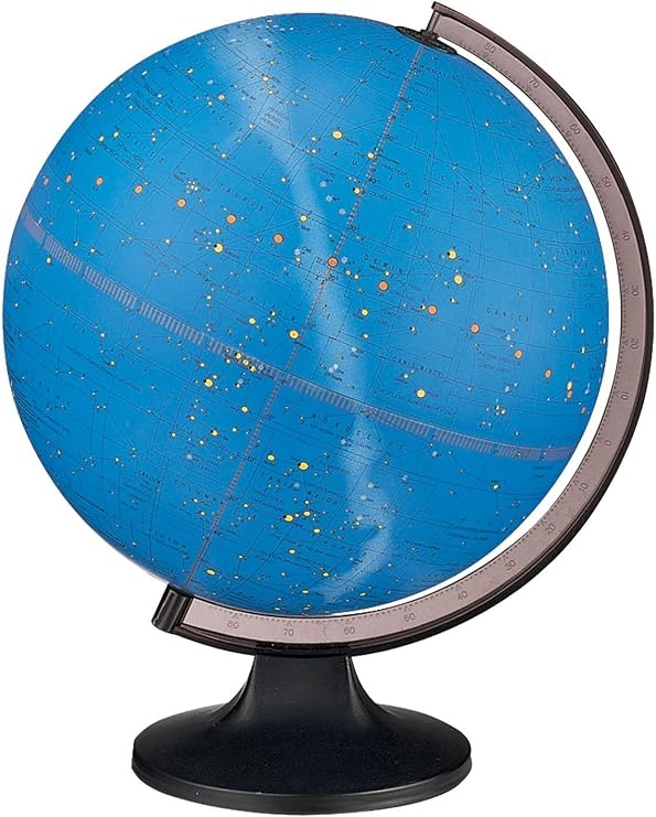 Constellation 12" Diamter Illuminated Globe, Dual map, Detailed sky map, Turn the Light ON to see all of the Constellations that represent 12 different Zodiac Signs(12"/30cm diameter). Provoke your imagination in new ways. With brightly illuminated starts, constellations and nebulae, this globe allows you to witness the luminous beauty of approximately 70 celestial images. Features a molded black base and a smoke colored semi-meridian.