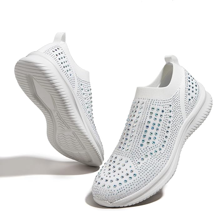 BELOS Women's Rhinestone Mesh Slip On Walking Shoes Fashion Breathable Spakle Glitter Sneaker