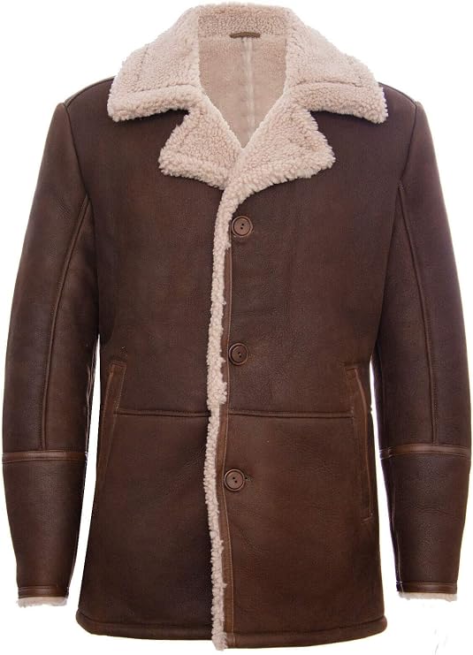 Mens Brown German Classic Real Sheepskin Shearling Leather Cromby Jacket Coat