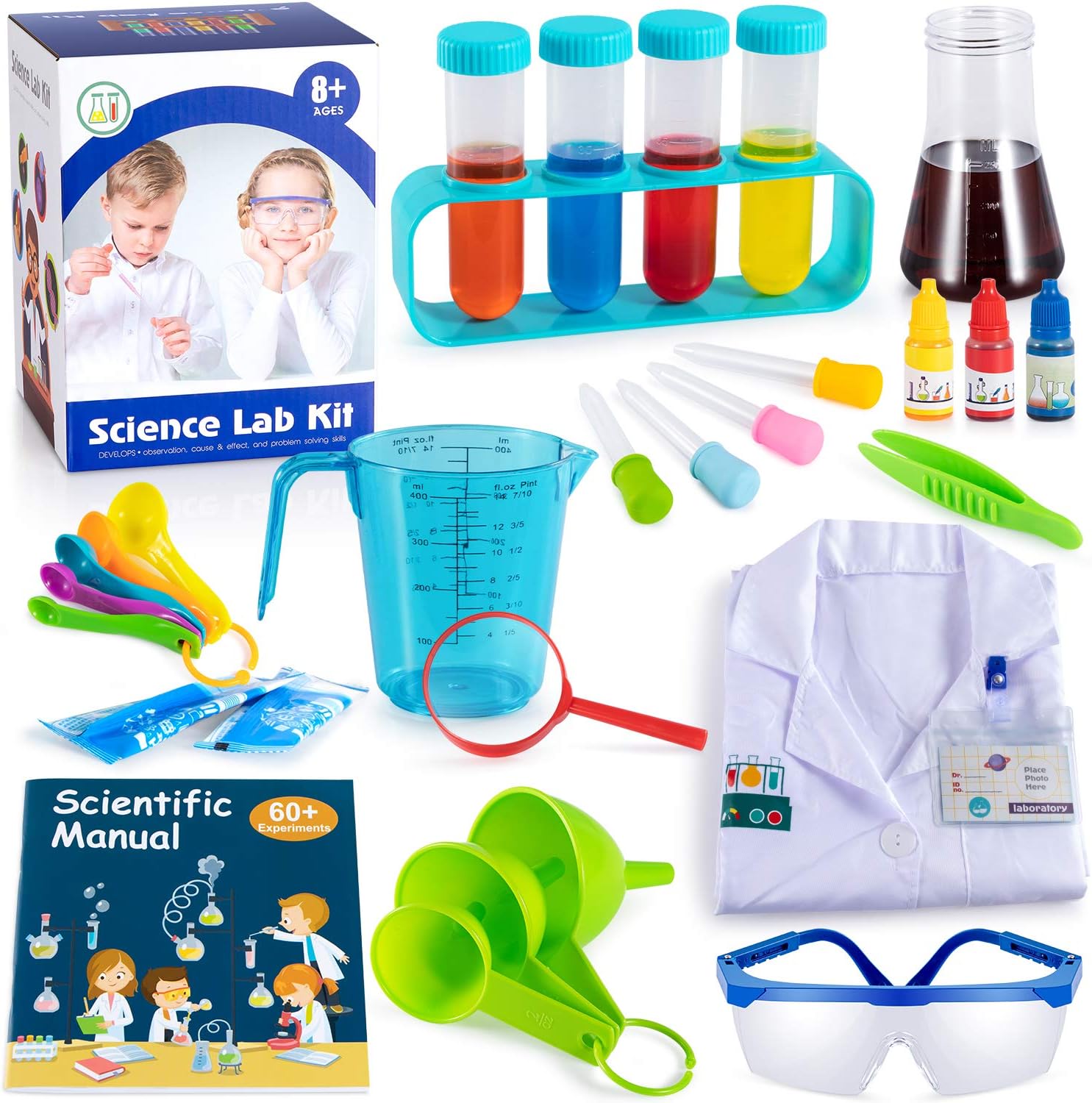 Kids Science Kits with Lab Coat, 60 Fun Science Experiments for Kids, Science Lab Kit Costume Dress Up and Role Playing Games, Explore STEM Educational Learning Science Toys Kids Ages 8