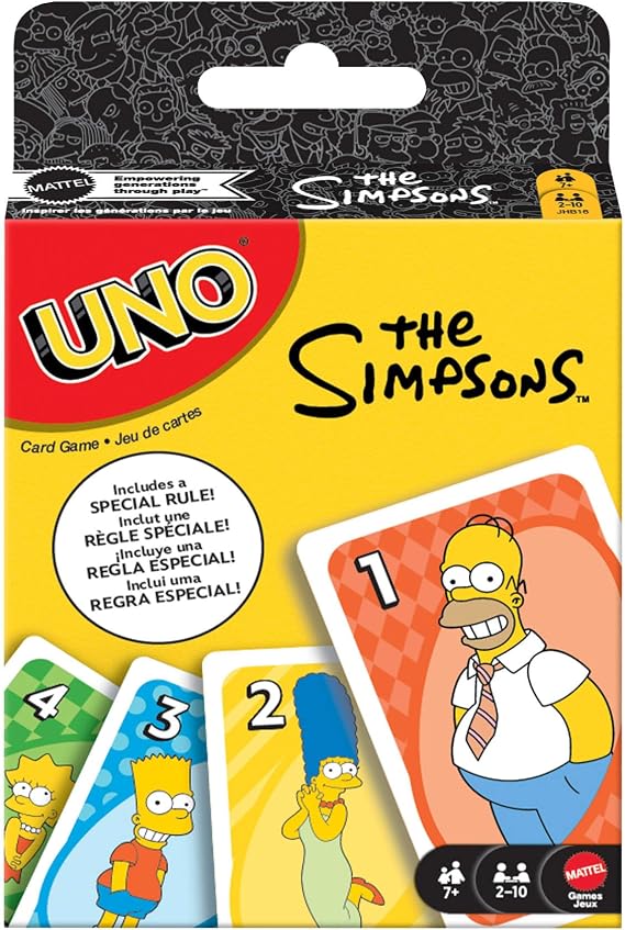 Çocuklar, yetişkinler, aileyle bir araya gelinen akşamlar, partiler, seyahatler ve kamplara uygun, diziden ilham alan koleksiyonluk Mattel UNO Simpsons Kartlar, JHB16