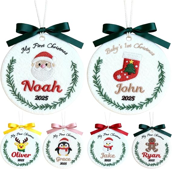 Personalized Christmas Ornament Custom Name & Text 6 Embroidery Designs (Santa, Reindeer, Snowman, Gingerbread, Stocking, Penguin) Double-Sided Felt Christmas Tree Decoration (5)