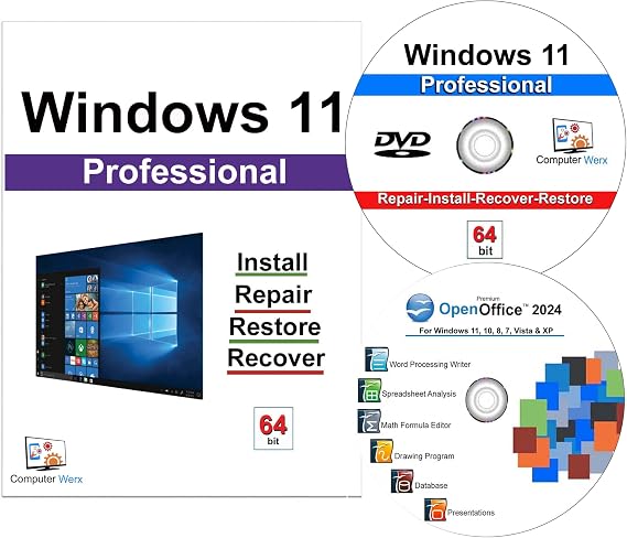 Computer Werx Compatible with/Replacement for Windows 11 Professional 64 Bit install, repair, recover & restore DVD with Key plus Open Office 2024