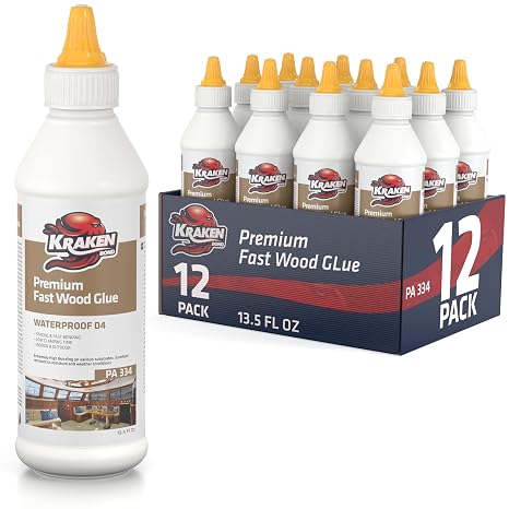 Kraken Bond D4 Fast Drying Wood Glue - (12x13.5 fl.oz.) Marine Grade Waterproof Polyurethane Glue for Outdoor, Boat, Furniture, Woodworking, Carpentry, Heavy Duty Marine Carpet Glue - 12 Pack