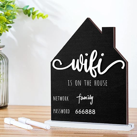 WiFi Pattern Password Sign for Guests Home Wooden Table WiFi Pattern Sign Wooden with Board Erasable Pen Chalkboard Table Centerpieces Decoration for Home Business(Black)