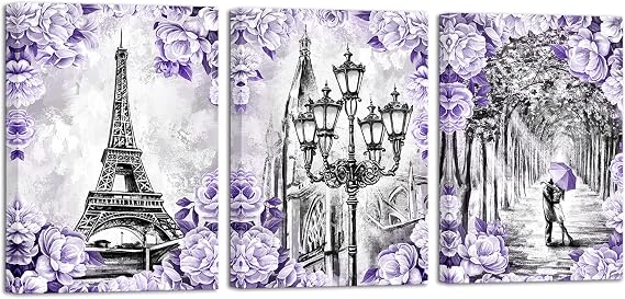 Apicoture Eiffel Tower Wall Art Purple Paris Wall Decor Romantic Paris Couple Love Theme Pictures Decor for Living Room Bathroom 12"x16"x3 Panels