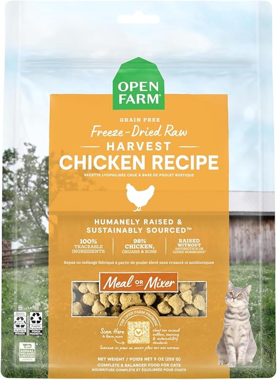 Open Farm Freeze Dried Raw Cat Food, Harvest Chicken Recipe, 9oz Bag | Grain-Free Pellets, Complete Meal Or Topper, Minimally Processed, 100% Traceable Ingredients, Non-GMO Fruits & Veggies.