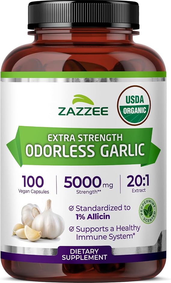 Zazzee USDA Organic Odorless Garlic 20:1 Extract, 1% Allicin, 100 Capsules