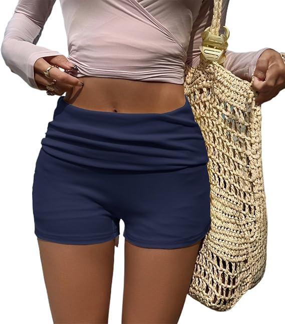 Womens Fold Over Shorts Elastic Waist Y2k Lounge Shorts Foldover Cute Pajama Micro Bottoms Yoga Mini Shorts
