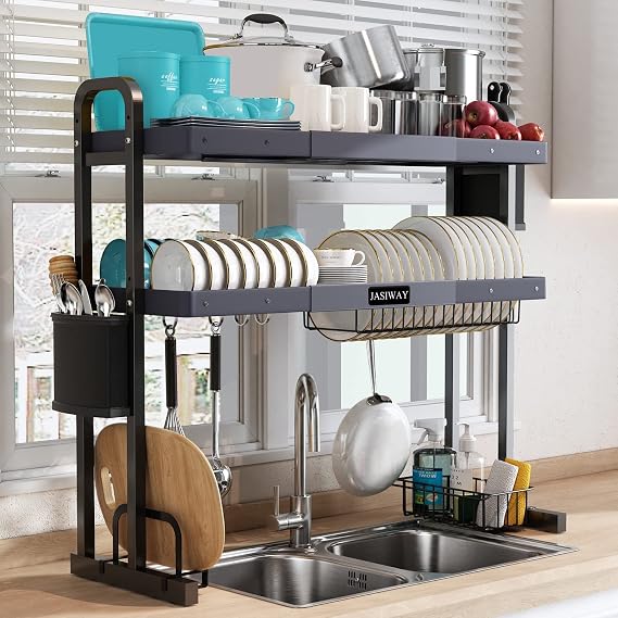 JASIWAY Adjustable 2-Tier Over Sink Dish Drying Rack Stainless Steel Large Kitchen Dish Drainer 27.5"-33.5" Expandable Counter Organizer Storage Space Saver Shelf with Cookware Holder and 6 Hooks