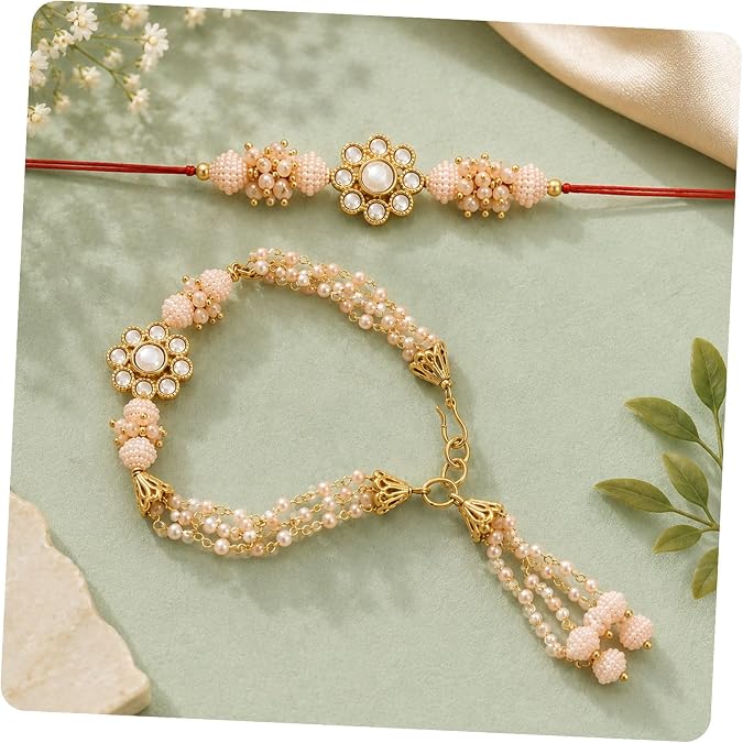 I Jewels Indian Festival Designer Bhaiya Bhabhi Hanging Lumba Rakhi Combo Set for Rakshabhandan Special (R010Sb-G-CO)