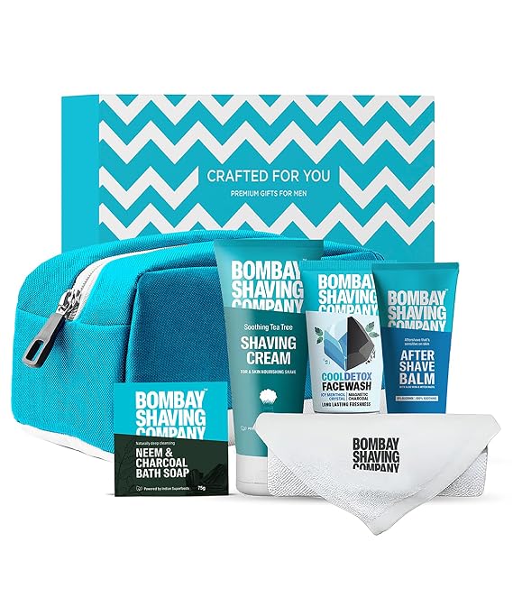 Bombay Shaving Company Premium Grooming and Shaving Kit Gift Hamper for Men Pre Shave Scrub, Shaving Cream, Post Shave Balm, Charcoal Soap, Towel, Shaving Kit Bag 6 Count (Pack of 1) Multicolour