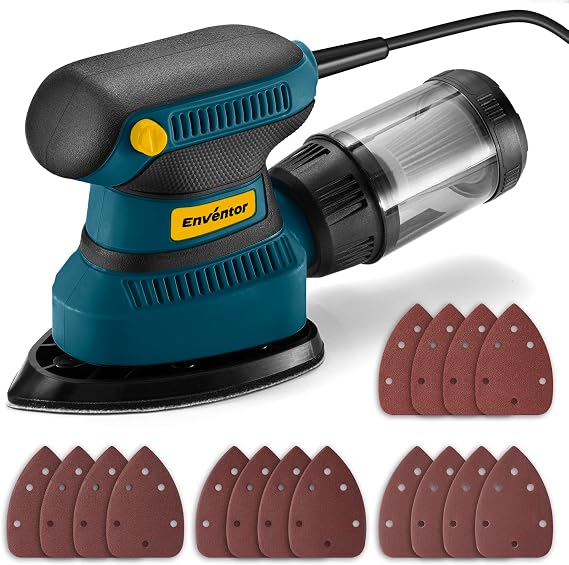Enventor Detail Sander with 8-Hole Dust Collection, 210 W, Corded | 15,000 RPM, 16 Sandpapers: P80/P120/P180/P240, 2 M Cord, Non-slip Grip, for Edges, Corners and Tight Spaces