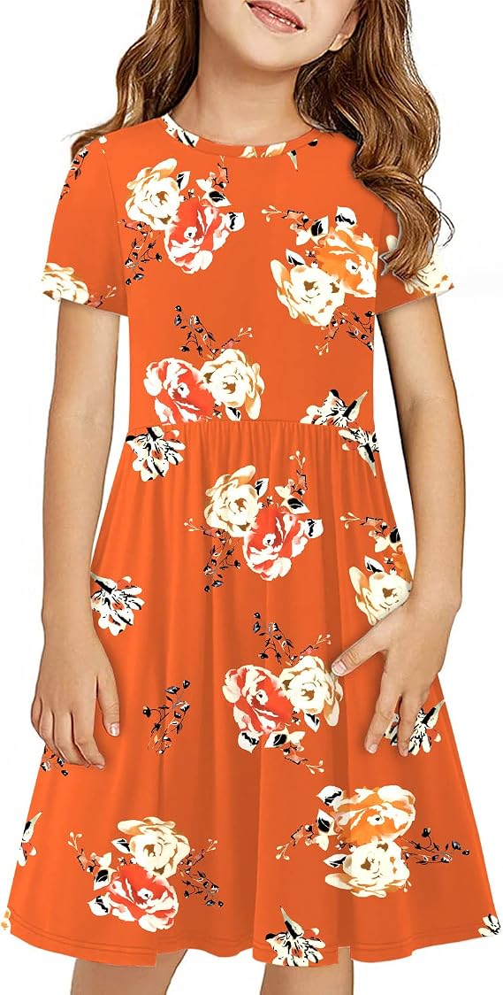 KYMIDY Girls Short Sleeve Floral Dress Kids Boho Casual Twirly Skater Dress with Pockets for Girls 6-13 Years