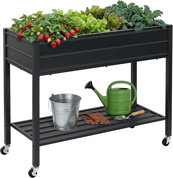 32" Tall Galvanized Raised Garden Bed with Legs Wheels & Shelf, Black | Elevated Planter Box Outdoor For Vegetables, Herbs & Flowers, Patio & Backyard, Garden Bed with 400lb Capacity