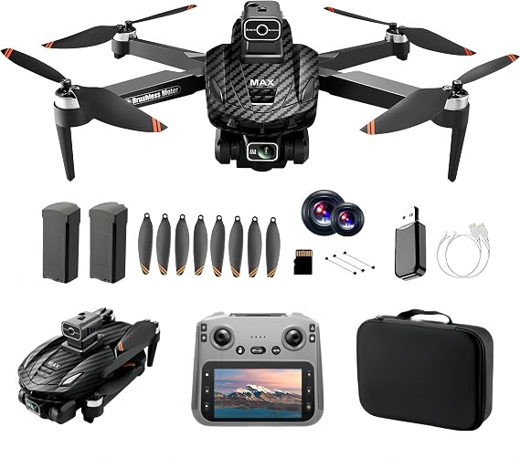 GPS Drone, Dual Cameras & 4.5 Inch Large Screen Transmitter. Equipped with Infrared Obstacle Avoidance, LED Night Lights and Brushless Motors.  with 2 Rechargeable Batteries, supporting FPV Real-Time Transmission, Altitude Hold, GPS Auto Return and Follow Me Functions. Foldable & Lightweight RC Quadcopter, ideal for outdoor shooting, aerial footage and video recording, friendly for new users. (Fiber color)