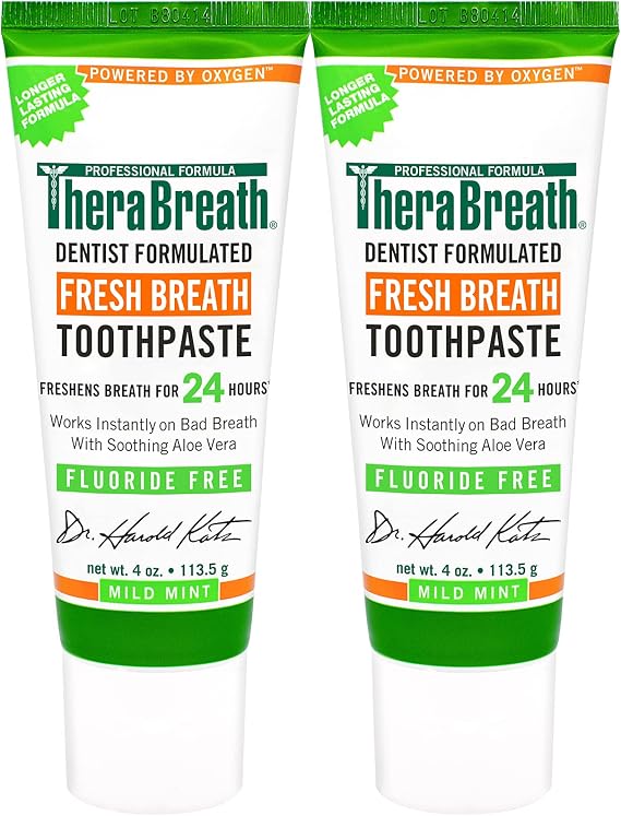 TheraBreath Fresh Breath Dentist Formulated Fluoride Free Toothpaste, Mild Mint, 4 Ounce (Pack of 2), Multi