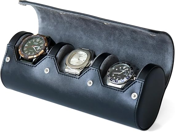 watch box organizer for mens watch case travel roll Portable 3 Watch Display Storage with Velvet Sections to Holder Large Watch (Black)