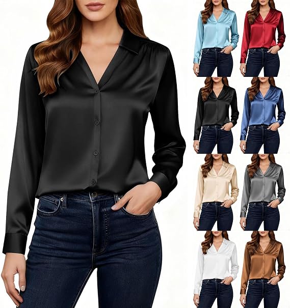 Silk Blouses for Women Dressy Elegant Long Sleeve Button Down Satin Shirts Collared Business Casual Tops Work Clothes