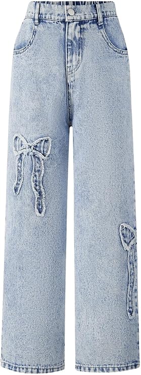 WDIRARA Girl's Bowknot Jean Elastic Waist Denim Pants Straight Leg Trousers