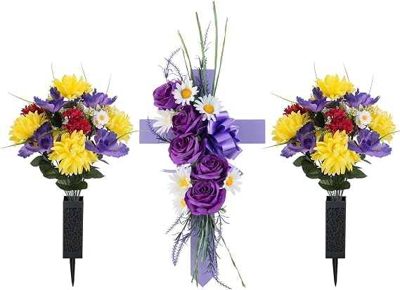 Daisy Iris Bouquet & Purple Wooden Cross Bundle - Memorial Set