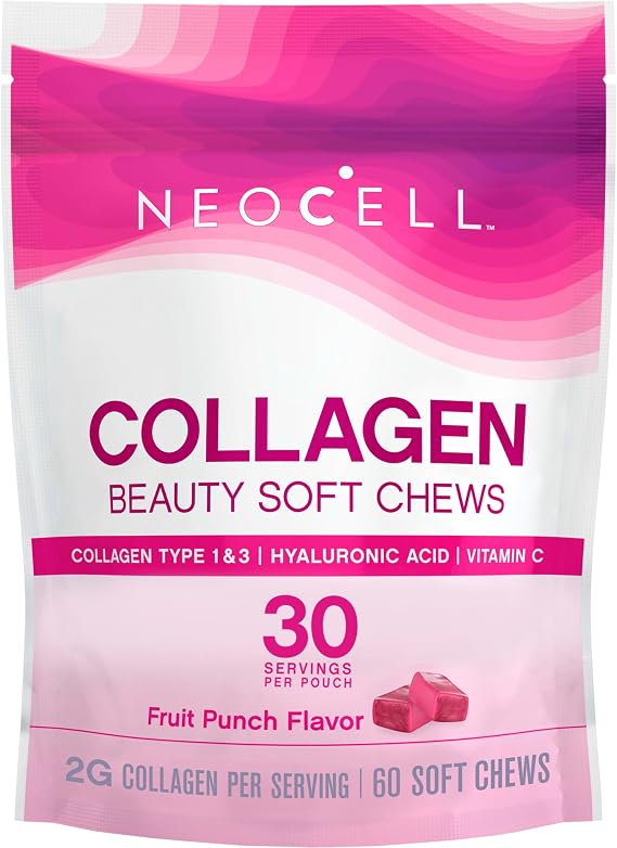 NeoCell Collagen Peptides Soft Chews | 60 Chewables | Beauty Bursts Supplement | with Hyaluronic Acid | Hair, Skin, Nails | Fruit Punch Flavor