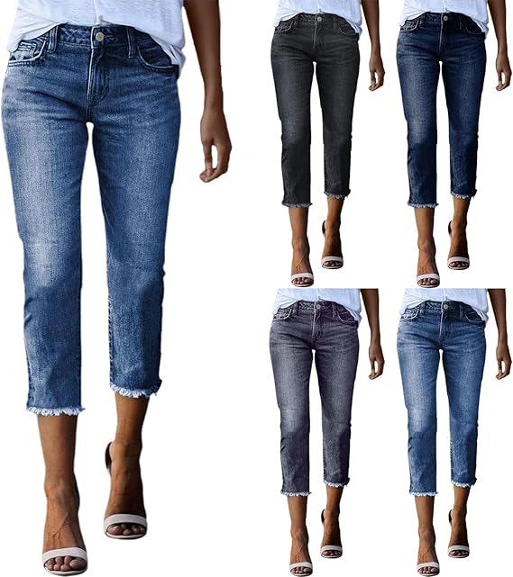 Women Jean Capris High Waisted Raw Hem Denim Capris Summer Straight Leg Capri Pants Stretchy Cropped Jeans