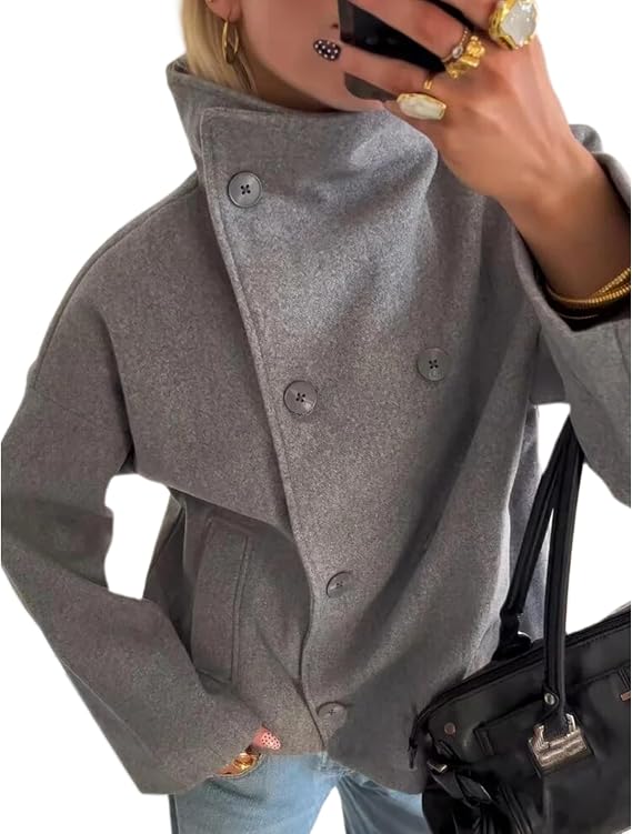 Women's Winter Short Wool Blend Coat Loose Fit Double Breasted High Neck Jacket Peacoat