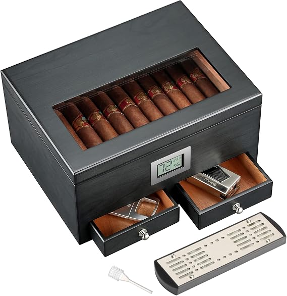Cigar Humidor with 2 Drawers,Cigar Accessories with Humidifier,Humidor Cigar Box Solid Cedar Wood,Cigar Gifts for Men,Glass Top Humidor,Cigar Case Fit 25-50 Cigars,Desktop Cigar Box