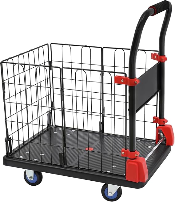 Platform Truck Cart with Cage,Foldable Flatbed Fence Truck Dual Purpose Push Cart Dolly with Swivel Wheels,330Lbs Capacity Heavy Duty Removable Hand Truck Dolly Cart for Shopping Moving Storage