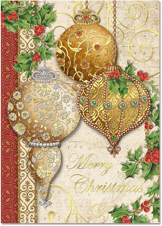 Punch Studio Gold Christmas Ornaments Dimensional Holiday Greeting Cards - Set of 12 (50359)