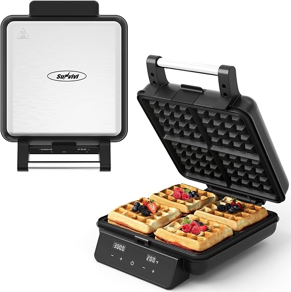Sunvivi Stainless Steel 4 Slices Belgian Waffle Maker - LCD Control,1200W