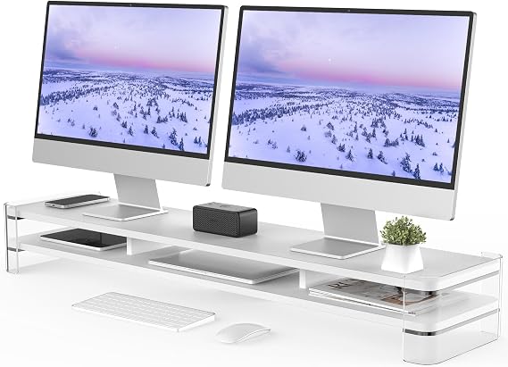 Fenge Dual Monitor Stand Riser with Clear Acrylic Supports | 2-Tier Open Storage, Round Corner Design, Supports Up to 99 lbs, Fits Dual & Ultrawide Monitors, Home Office Organization