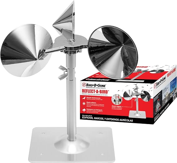 Bird B Gone - Reflect-A-Bird - Reflective Spinning Deterrent - Repels Pigeons, Sparrows, Woodpeckers - Wind Powered - for Gardens, Railings, Roofs, Etc - Weatherproof Aluminum - Adjustable Neck