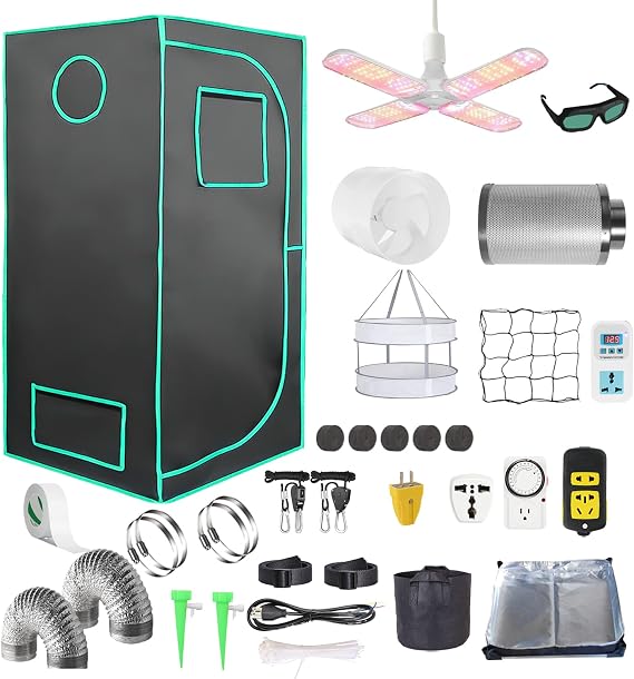 Grow Tent Kit Complete System High Reflective Mylar Indoor Grow Tent Hydroponics Growing Tent with Full Spectrum LED Grow Light Observation Window, Ventilation Fan,Carbon Filter (32" x32" x 63")