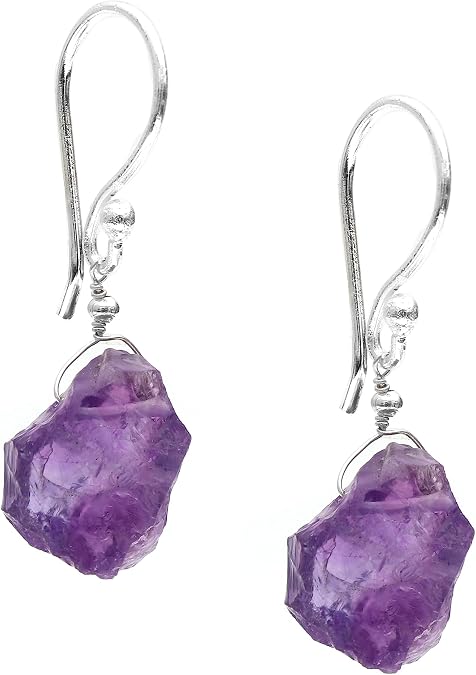 Gempires Raw Purple Amethyst Crystal Gemstone Earrings February Birthstone Jewelry Hypoallergenic Silver Plated Minimalist Everyday Wear Dangling Earrings For Women