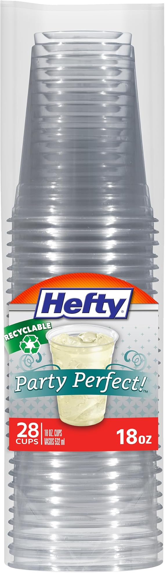 Hefty Party Perfect Clear Plastic Cups, 18oz, 28ct | Clear Disposable Party Cups, Premium Upscale Look, Shatter Resistant, Easy Cleanup, Recyclable, Great for Large Gatherings