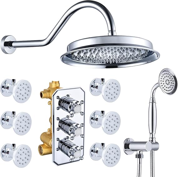 All Metal Thermostatic Shower System Backnets 9 Inch Shower Faucet Set 3-Spray Rain Shower Head with Body Jets and Handheld Spray for Bathroom, Rough-in Valve Body and Trim kit, Polished Chrome