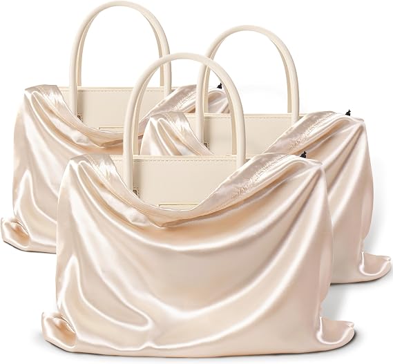 Vonty Beige Satin Dust Bags 3 Pack Drawstring Pouch for Purse, 19.6x15.7in | Soft Breathable Satin, Moisture-Resistant, Machine Washable, Foldable, Stores Handbags Shoes Boots, Thoughtful Gift Idea