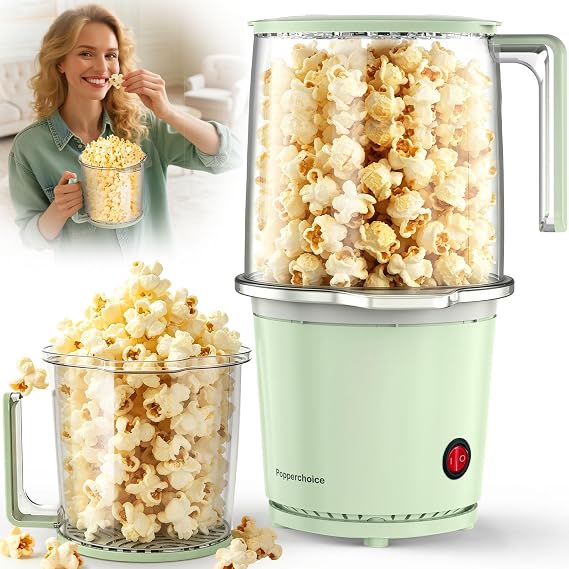 Popcorn Maker, 2QT Hot Air Popcorn Popper with Serving Bowl Lid, Oil-Free Air Popper Popcorn Maker, 2-Min Fast Pop, 98% High Popping Rate, Easy to Clean Popcorn Machine for Home Movie Nights, Aqua