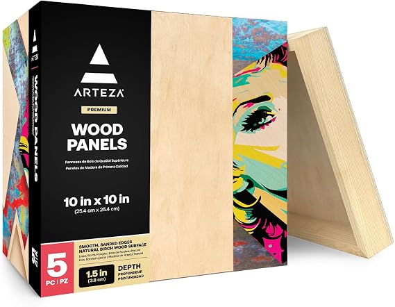 ARTEZA Wood Panels for Painting, 10 x 10 in, Pack of 5, Cradled Birch Board